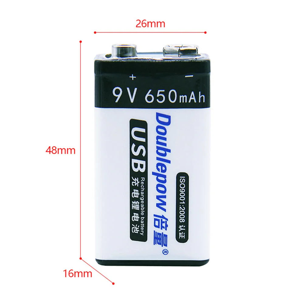 9V 650mAh Batterie Lithium Rechargeable USB Type 6F22 (Modèle: 0010201)